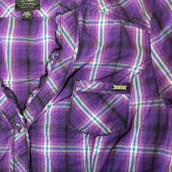 Guess Purple‎ Plaid Button Down Shirt 3/4 Sleeve  M - Picture 5 of 11
